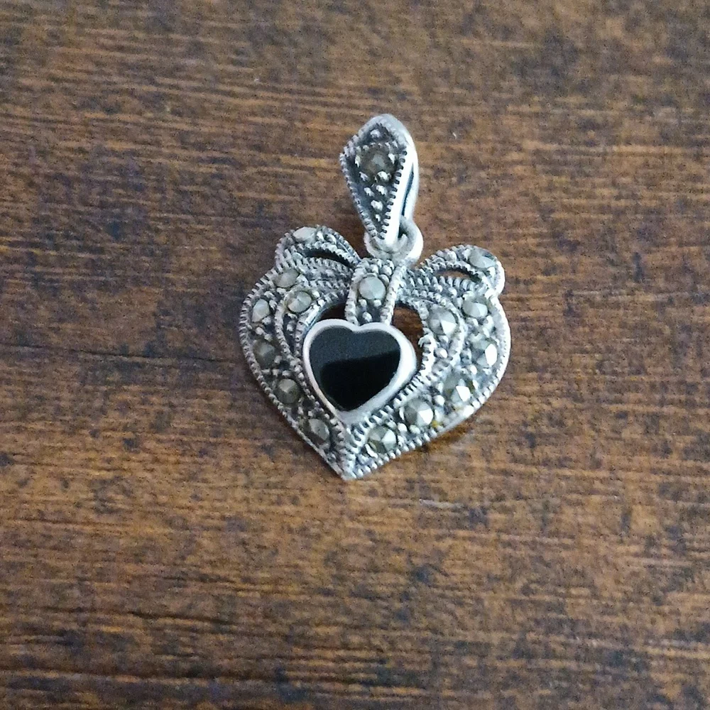 Vintage Sterling Silver Black Onyx Heart Marcasite Heart Pendant